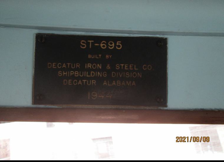 Builder plate reading ST-695, Decatur Iron and Steel Co, Shipbuilding Division, Decatur Alabama, 1944